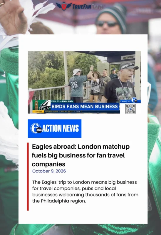 London is seeing Green this weekend thanks to @truefantravel! Thank you to @maggieontv and @6abcactionnews for speaking with CEO Vince Rizzuto ahead of their big trip this weekend. Go Birds! 🦅🏈#PhillyPRGirl #PhillySportsTrips #6ABCActionNews #GoBirds